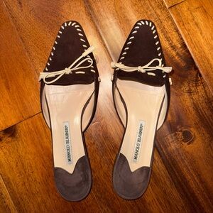 Suede Manolo Blahnik Dark Brown Mules with Cream Accents Moccasin Loafer Look